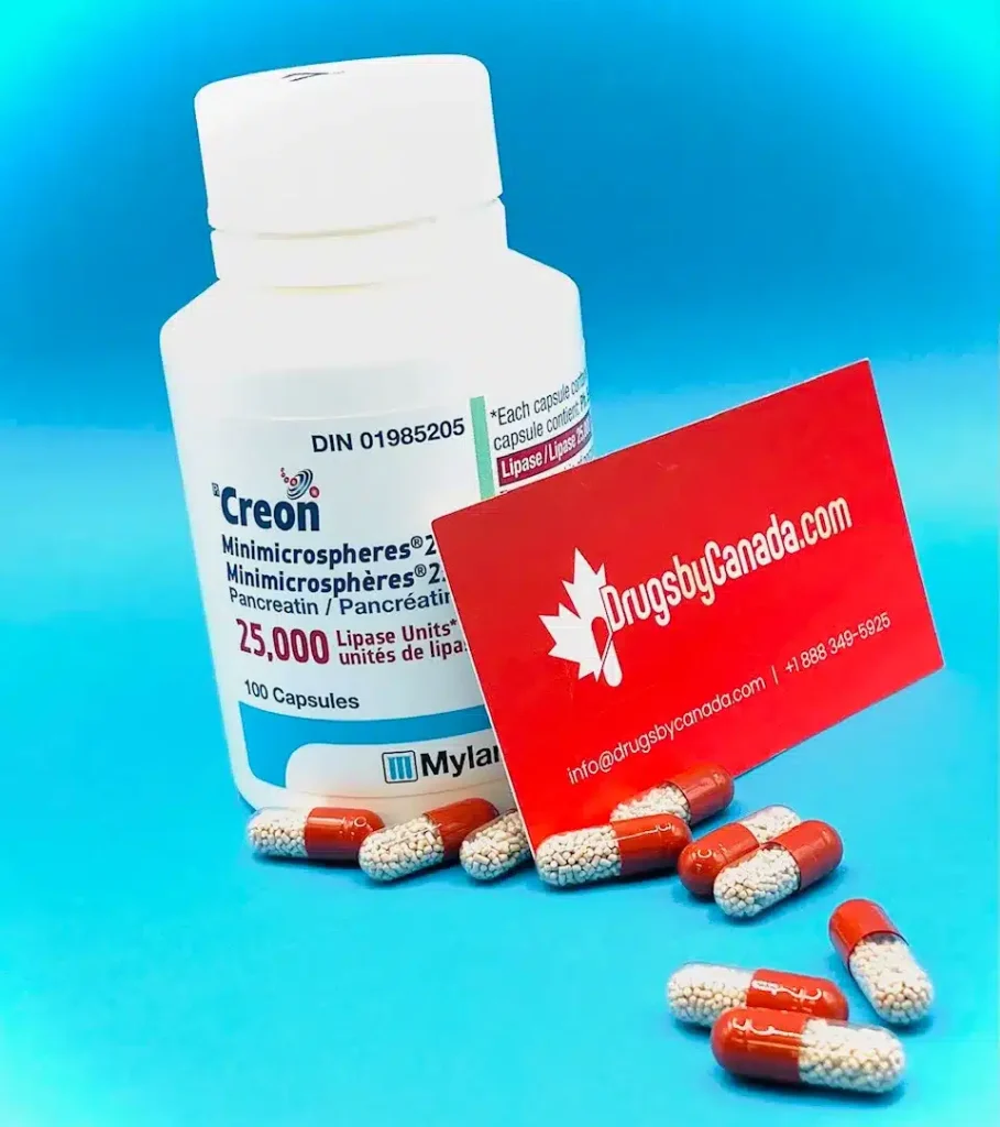 Image of Creon enzyme capsules, used for pancreatic enzyme replacement therapy. Save up to 90% when buying Creon from Canada, shipped directly to the USA.