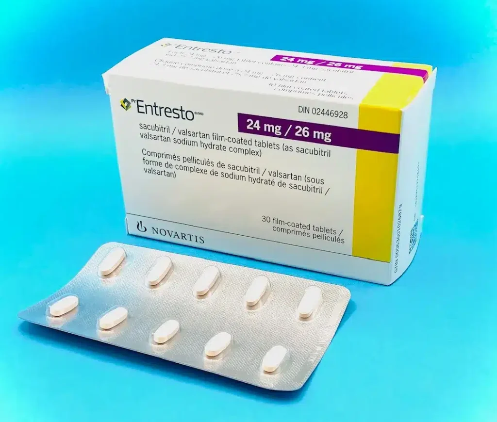 Entresto 24 mg/26 mg film-coated tablets available from Canada - Buy Entresto at lower prices through our trusted Canadian online pharmacy. Save on sacubitril/valsartan medication, shipped directly to the USA. Affordable heart failure treatment for American patients with fast shipping options