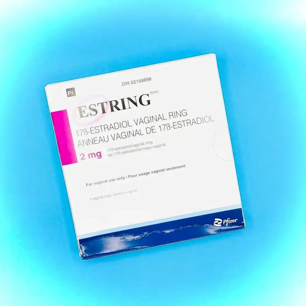 Buy Estring Estradiol vaginal ring from canada - Estring on a blue background offering competitive pricing for american patients