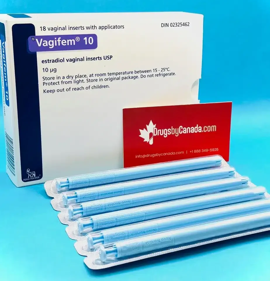 vagifem blue 2 Vagifem tablets packaging displayed on a blue table, highlighting affordable vaginal estrogen therapy available online from Canada with shipping to the USA