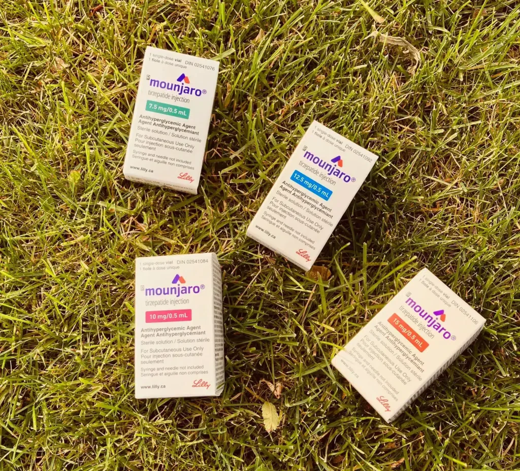 Buy Zepbound from Canada – We’ll convert your prescription to Mounjaro (tirzepatide) vials, helping you save money on your weight management treatment. Image showing Mounjaro boxes in various dosages.